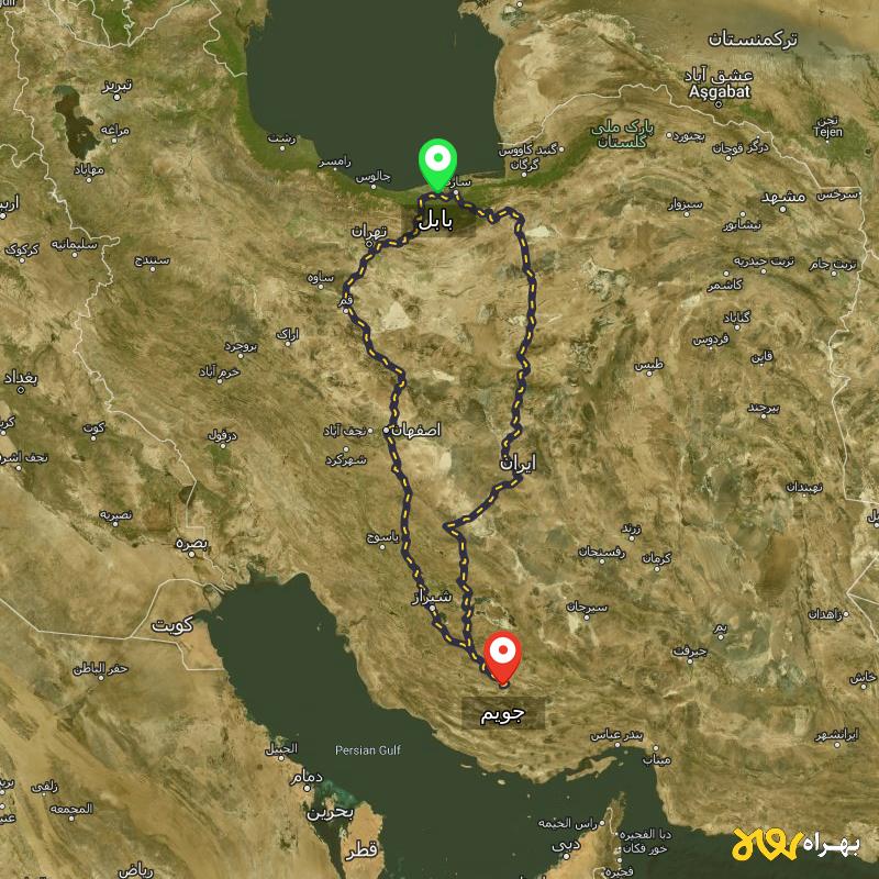 مسافت و فاصله جویم - فارس تا بابل از ۲ مسیر - مرداد ۱۴۰۳