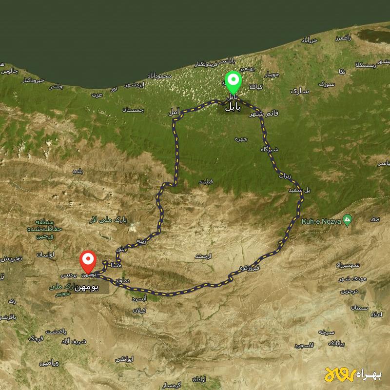مسافت و فاصله بومهن - تهران تا بابل از ۲ مسیر - آذر ۱۴۰۳
