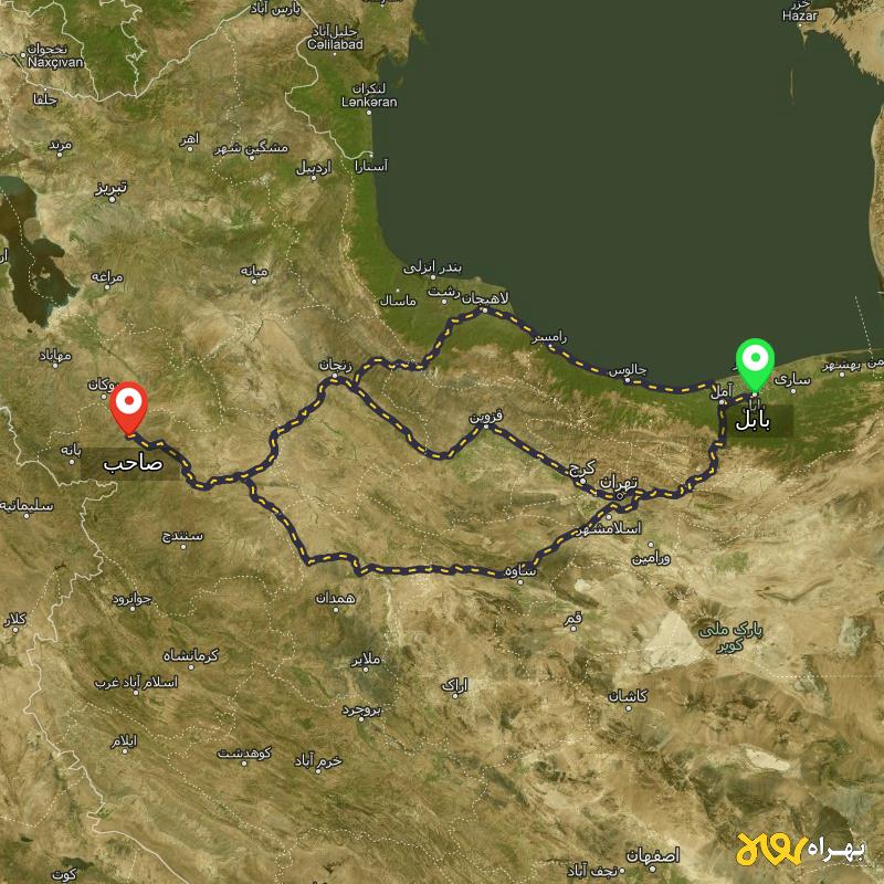 مسافت و فاصله صاحب - کردستان تا بابل از ۳ مسیر - مرداد ۱۴۰۳