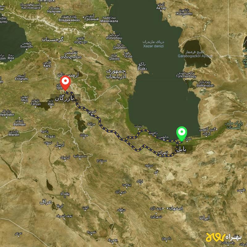 مسافت و فاصله بازرگان - آذربایجان غربی تا بابل از ۲ مسیر - آذر ۱۴۰۳