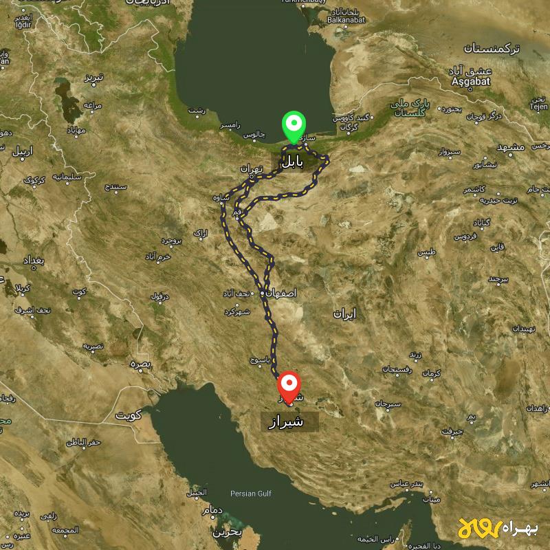 مسافت و فاصله شیراز تا بابل از ۳ مسیر - مرداد ۱۴۰۳