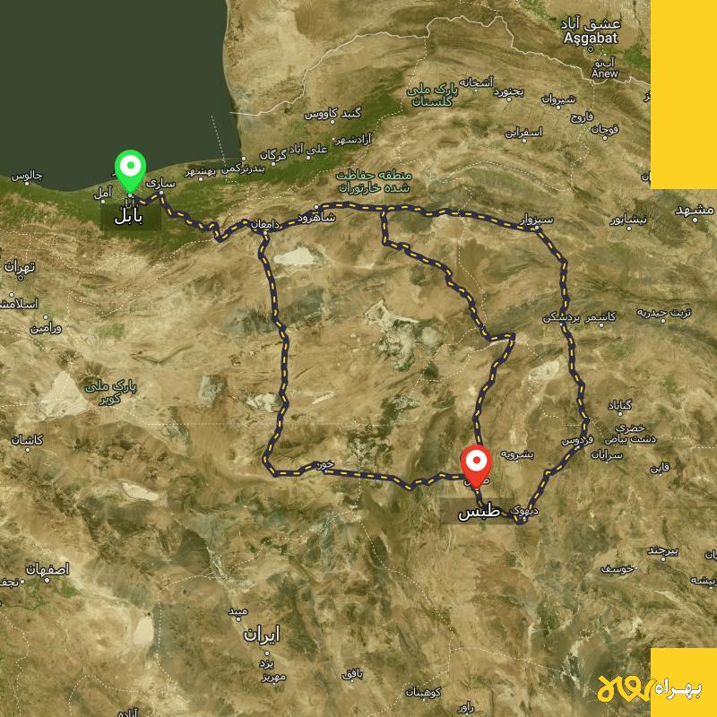 مسافت و فاصله طبس - خراسان جنوبی تا بابل از ۳ مسیر - آذر ۱۴۰۳