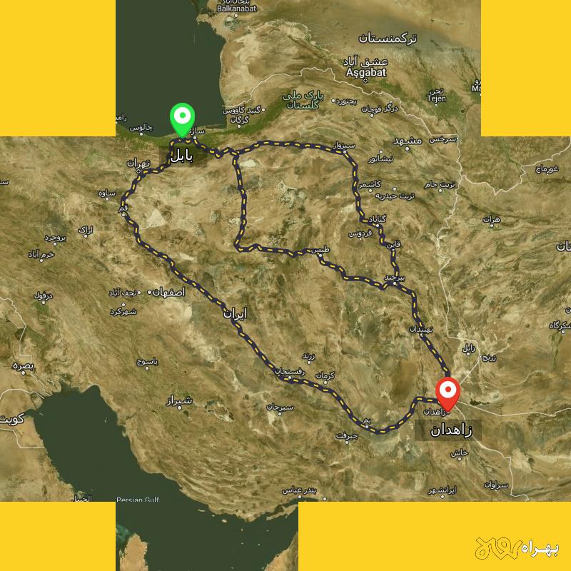 مسافت و فاصله زاهدان تا بابل از ۳ مسیر - مرداد ۱۴۰۳