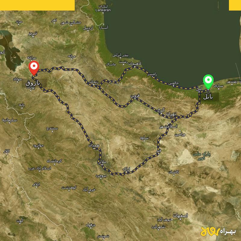 مسافت و فاصله باروق - آذربایجان غربی تا بابل از ۳ مسیر - آذر ۱۴۰۳