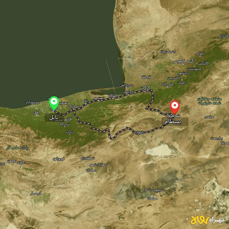 مسافت و فاصله بسطام - سمنان تا بابل از ۲ مسیر - آذر ۱۴۰۳
