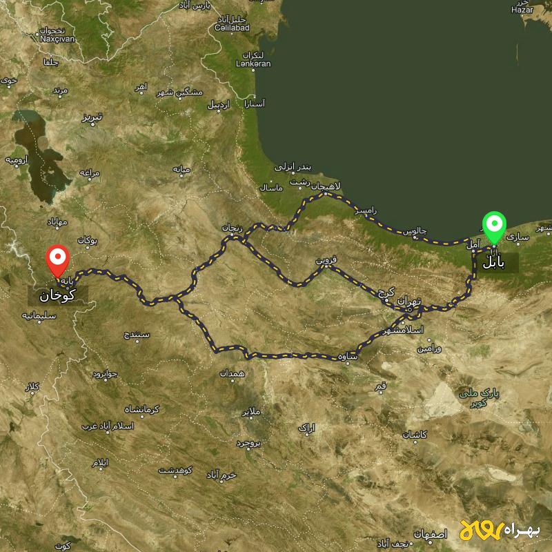 مسافت و فاصله کوخان - کردستان تا بابل از ۳ مسیر - مرداد ۱۴۰۳
