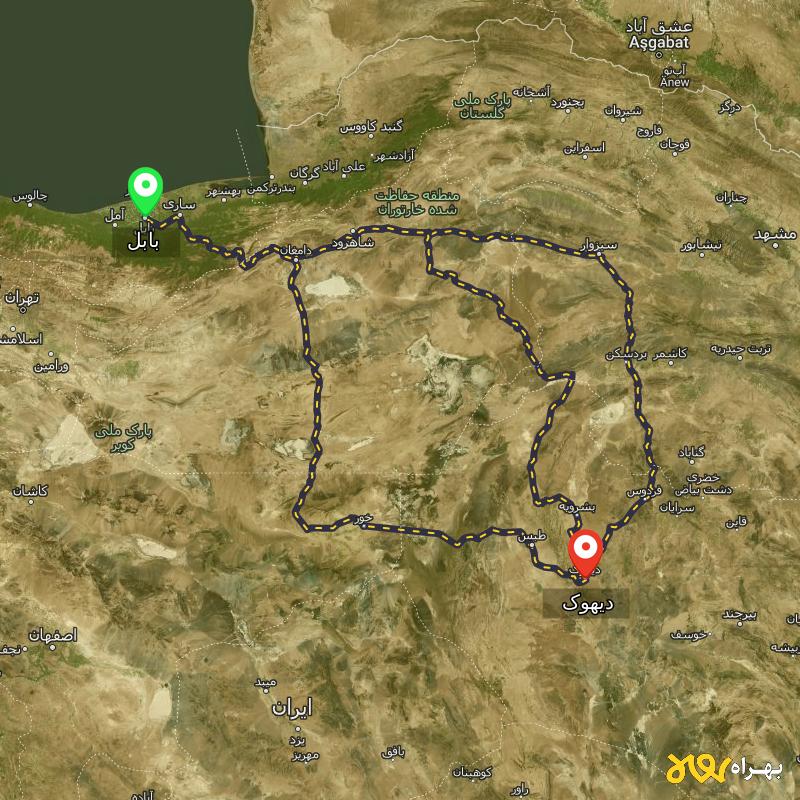مسافت و فاصله دیهوک - خراسان جنوبی تا بابل از ۳ مسیر - آذر ۱۴۰۳