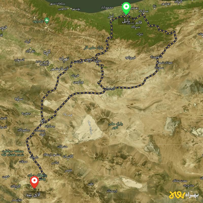 مسافت و فاصله لای بید - اصفهان تا بابل از ۳ مسیر - مرداد ۱۴۰۳