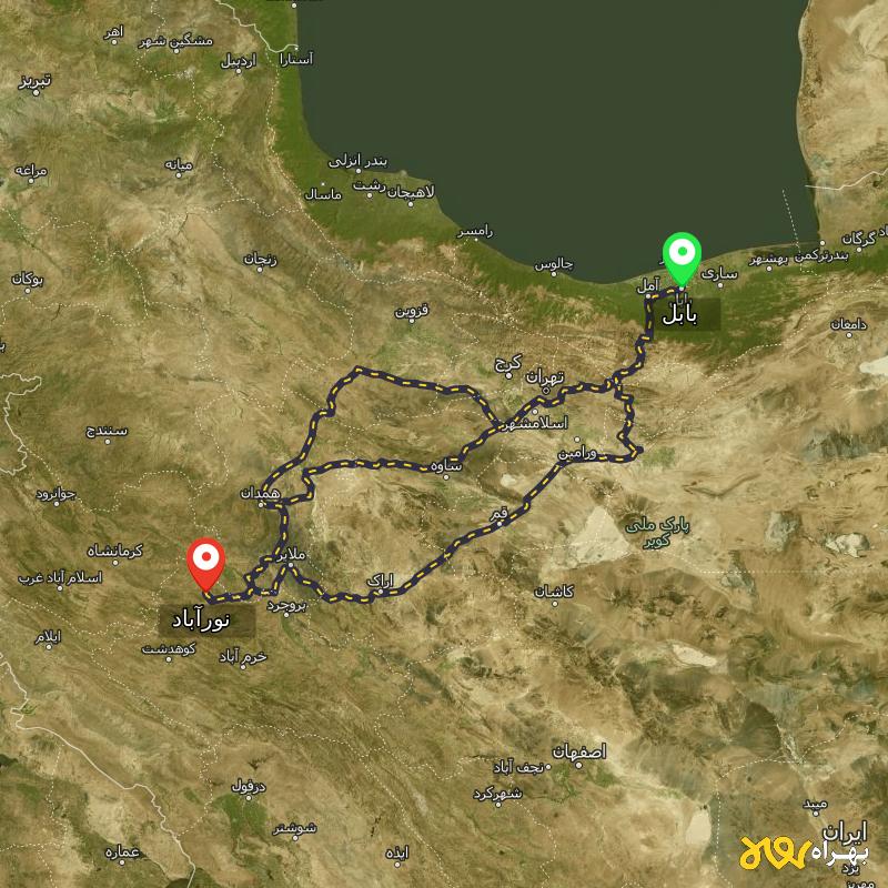 مسافت و فاصله نورآباد - لرستان تا بابل از ۳ مسیر - آذر ۱۴۰۳