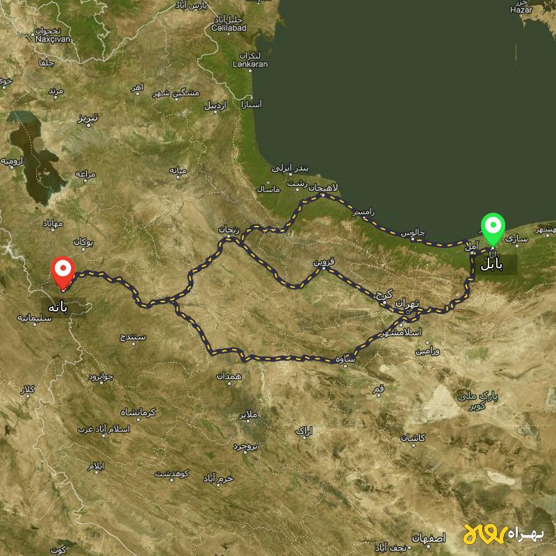 مسافت و فاصله بانه - کردستان تا بابل از ۳ مسیر - دی ۱۴۰۳