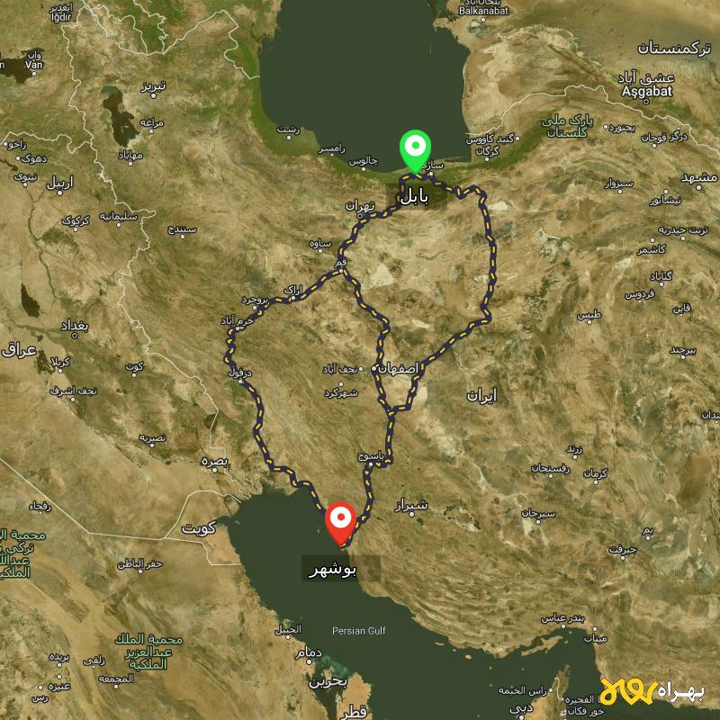 مسافت و فاصله بوشهر تا بابل از ۳ مسیر - مرداد ۱۴۰۳