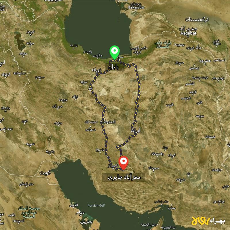 مسافت و فاصله معزآباد جابری - فارس تا بابل از ۲ مسیر - مرداد ۱۴۰۳
