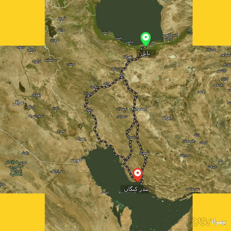 مسافت و فاصله بندر کنگان - بوشهر تا بابل از ۳ مسیر - بهمن ۱۴۰۳