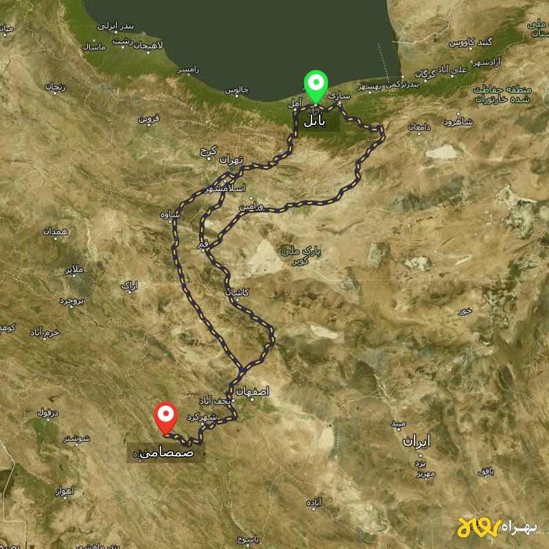 مسافت و فاصله صمصامی - چهارمحال و بختیاری تا بابل از ۳ مسیر - دی ۱۴۰۳