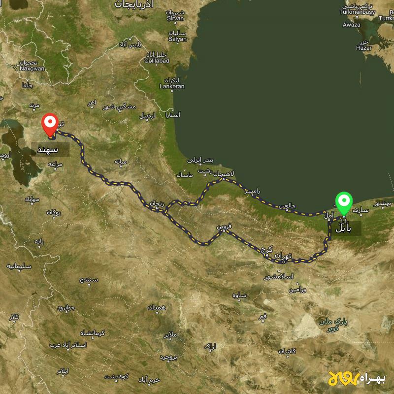 مسافت و فاصله سهند - آذربایجان شرقی تا بابل از ۲ مسیر - مهر ۱۴۰۳
