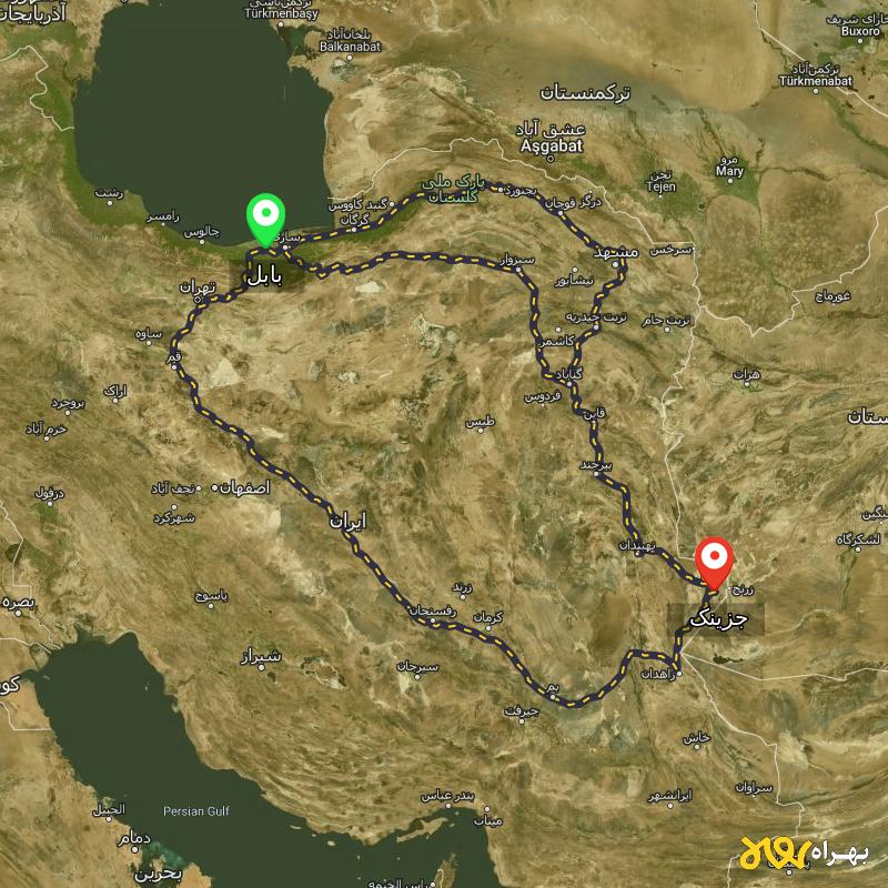 مسافت و فاصله جزینک - سیستان و بلوچستان تا بابل از ۳ مسیر - مرداد ۱۴۰۳