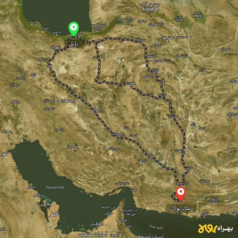 مسافت و فاصله ساربوک - سیستان و بلوچستان تا بابل از ۳ مسیر - شهریور ۱۴۰۳