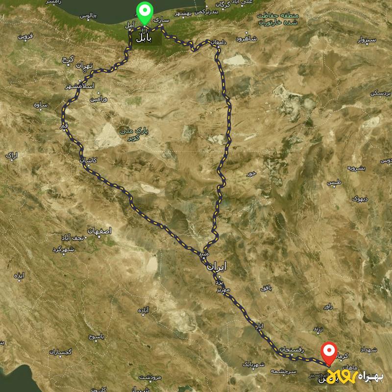 مسافت و فاصله باغین - کرمان تا بابل از ۲ مسیر - آذر ۱۴۰۳