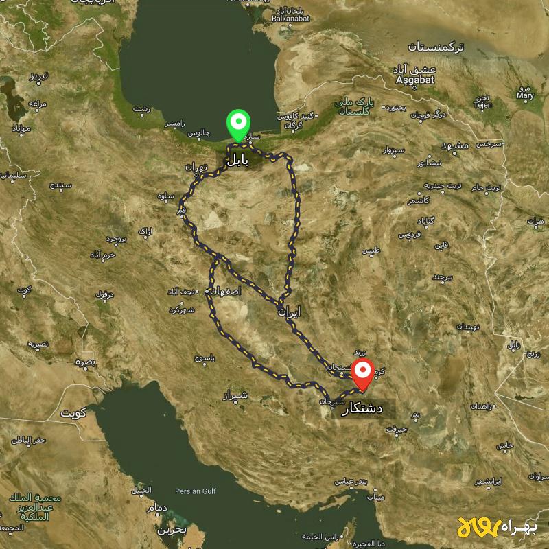 مسافت و فاصله دشتکار - کرمان تا بابل از ۳ مسیر - شهریور ۱۴۰۳