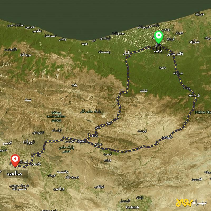 مسافت و فاصله صالحیه - تهران تا بابل از ۲ مسیر - شهریور ۱۴۰۳