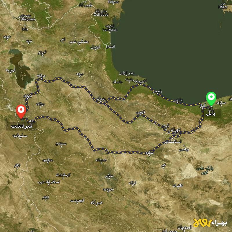 مسافت و فاصله سردشت - آذربایجان غربی تا بابل از ۳ مسیر - آذر ۱۴۰۳