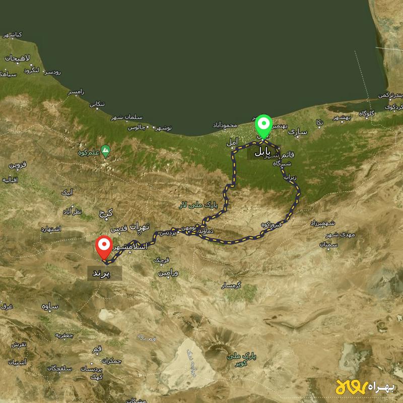مسافت و فاصله پرند تا بابل از ۲ مسیر - مرداد ۱۴۰۳