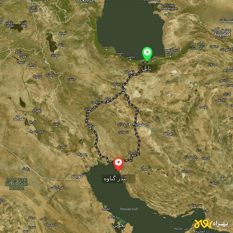 مسافت و فاصله بندر گناوه - بوشهر تا بابل از ۲ مسیر - آذر ۱۴۰۳
