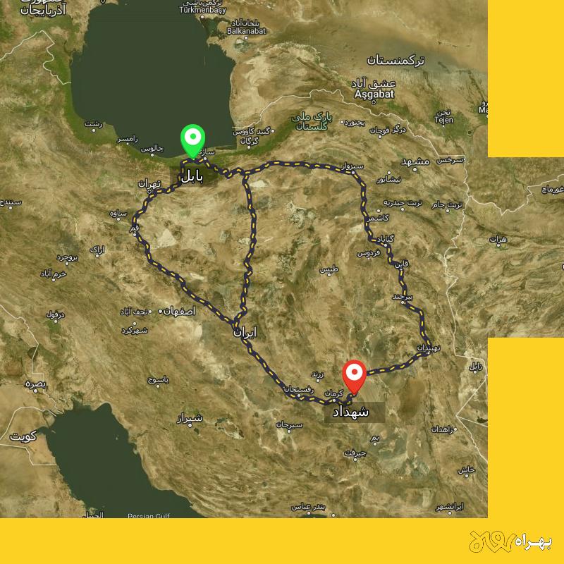 مسافت و فاصله شهداد - کرمان تا بابل از ۳ مسیر - دی ۱۴۰۳