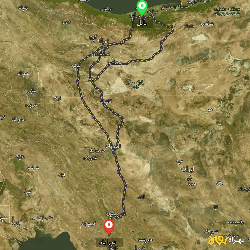 مسافت و فاصله نورآباد - نورآباد ممسنی تا بابل از ۳ مسیر - آذر ۱۴۰۳