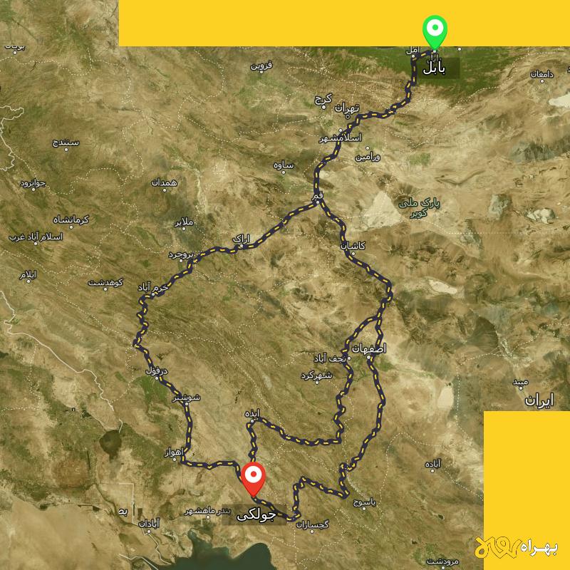 مسافت و فاصله جولکی - خوزستان تا بابل از ۳ مسیر - شهریور ۱۴۰۳