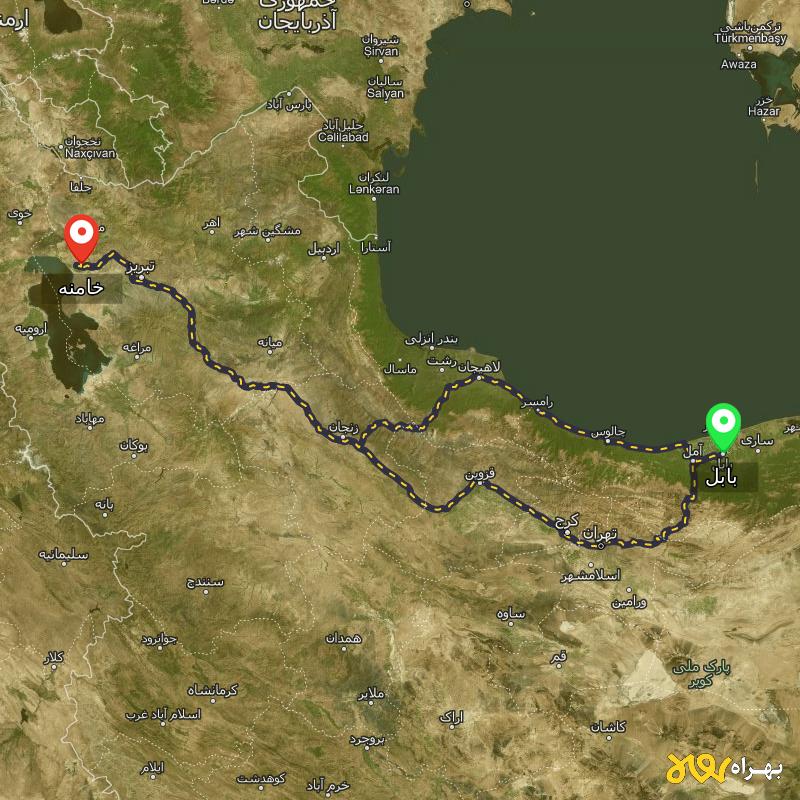 مسافت و فاصله خامنه - آذربایجان شرقی تا بابل از ۲ مسیر - آذر ۱۴۰۳