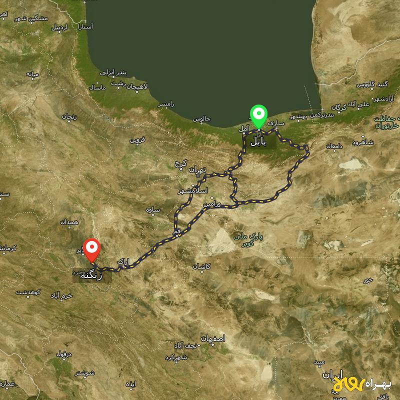 مسافت و فاصله زنگنه - همدان تا بابل از ۳ مسیر - شهریور ۱۴۰۳