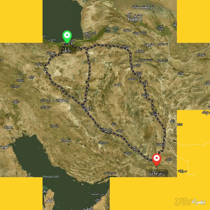 مسافت و فاصله بزمان - سیستان و بلوچستان تا بابل از ۳ مسیر - مرداد ۱۴۰۳