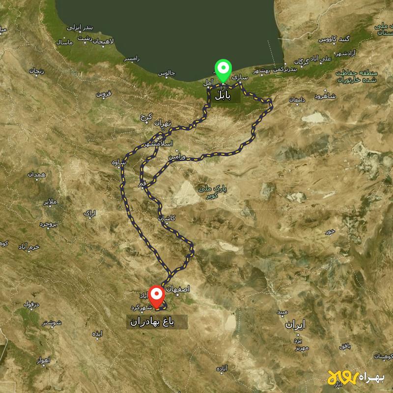 مسافت و فاصله باغ بهادران - اصفهان تا بابل از ۳ مسیر - آذر ۱۴۰۳