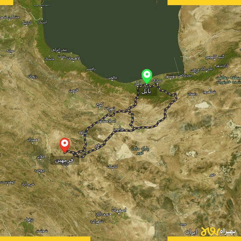 مسافت و فاصله فرمهین - مرکزی تا بابل از ۳ مسیر - آذر ۱۴۰۳