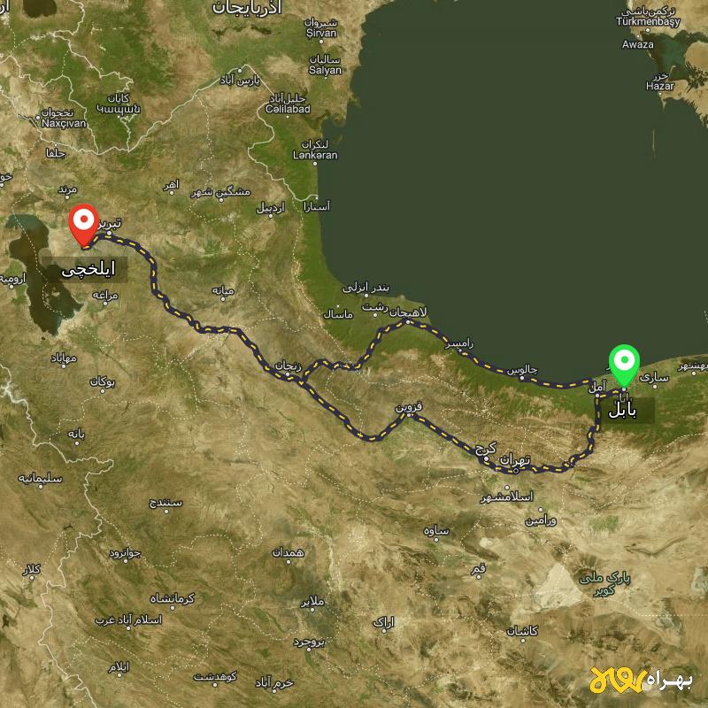 مسافت و فاصله ایلخچی - آذربایجان شرقی تا بابل از ۲ مسیر - آذر ۱۴۰۳