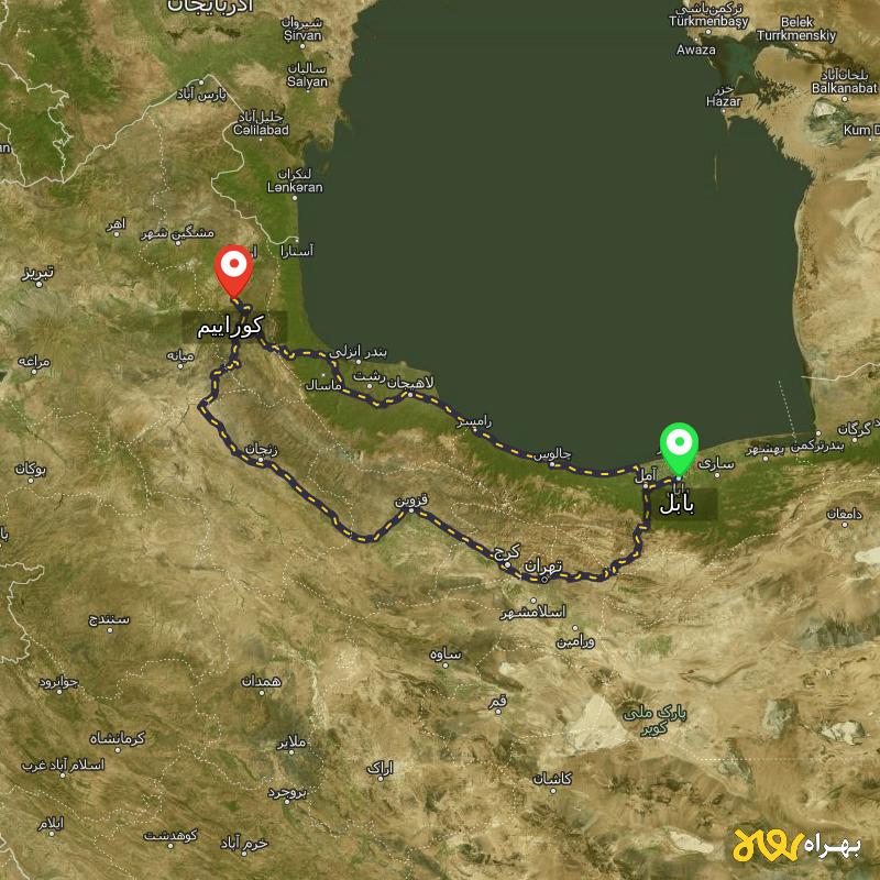 مسافت و فاصله کوراییم - اردبیل تا بابل از ۲ مسیر - آذر ۱۴۰۳