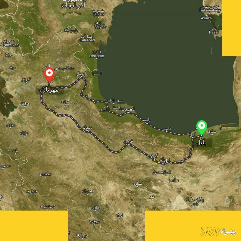 مسافت و فاصله مهربان - آذربایجان شرقی تا بابل از ۲ مسیر - مهر ۱۴۰۳