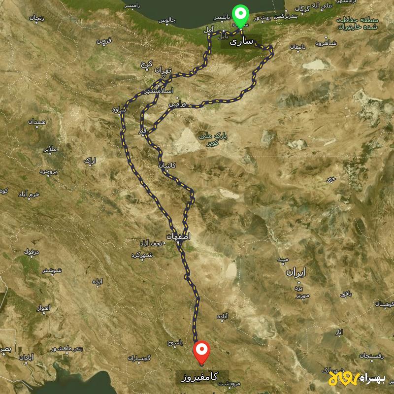 مسافت و فاصله کامفیروز - فارس تا ساری از ۳ مسیر - شهریور ۱۴۰۳