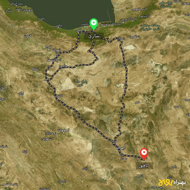 مسافت و فاصله بافق - یزد تا ساری از ۳ مسیر - اردیبهشت ۱۴۰۳