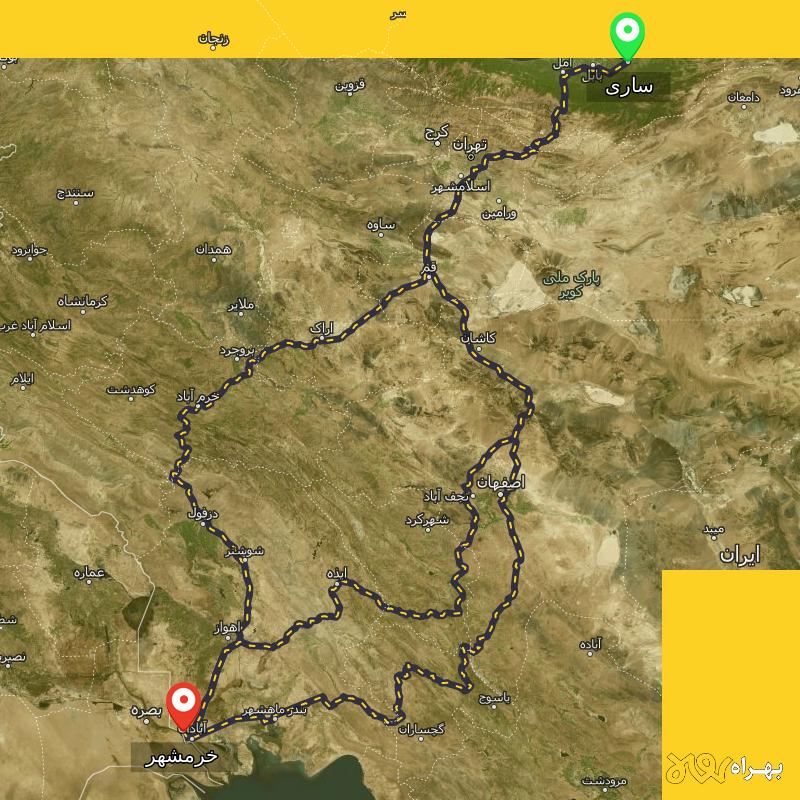مسافت و فاصله خرمشهر - خوزستان تا ساری از ۳ مسیر - آبان ۱۴۰۳