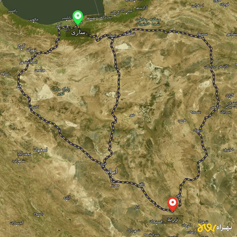 مسافت و فاصله زرند - کرمان تا ساری از ۳ مسیر - مرداد ۱۴۰۳