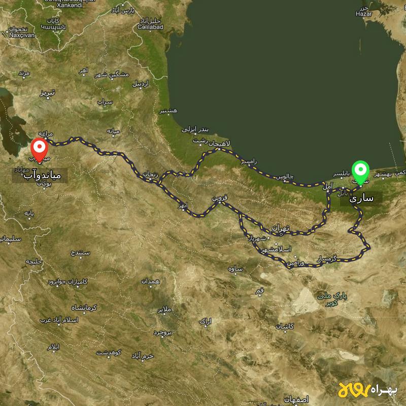 مسافت و فاصله میاندوآب - آذربایجان غربی تا ساری از 3 مسیر - مسیریاب بهراه