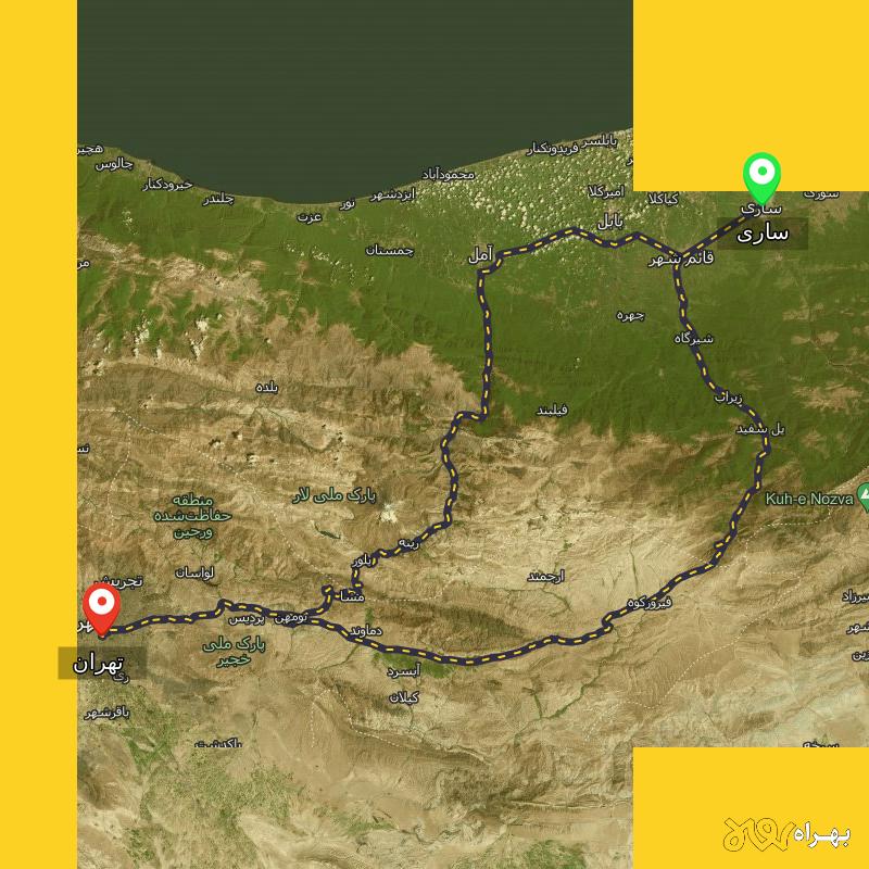 مسافت و فاصله تهران تا ساری از ۲ مسیر - مرداد ۱۴۰۳
