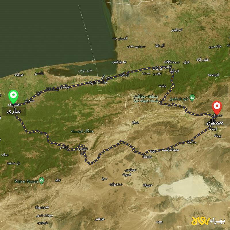 مسافت و فاصله بسطام - سمنان تا ساری از ۲ مسیر - آذر ۱۴۰۳