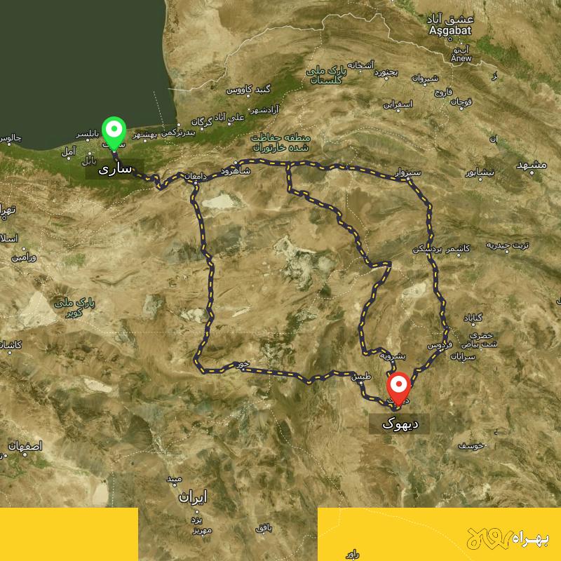 مسافت و فاصله دیهوک - خراسان جنوبی تا ساری از ۳ مسیر - آذر ۱۴۰۳