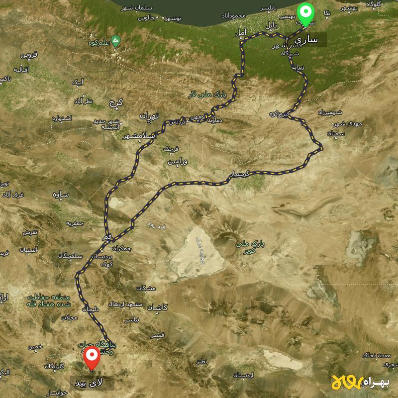 مسافت و فاصله لای بید - اصفهان تا ساری از ۲ مسیر - مرداد ۱۴۰۳