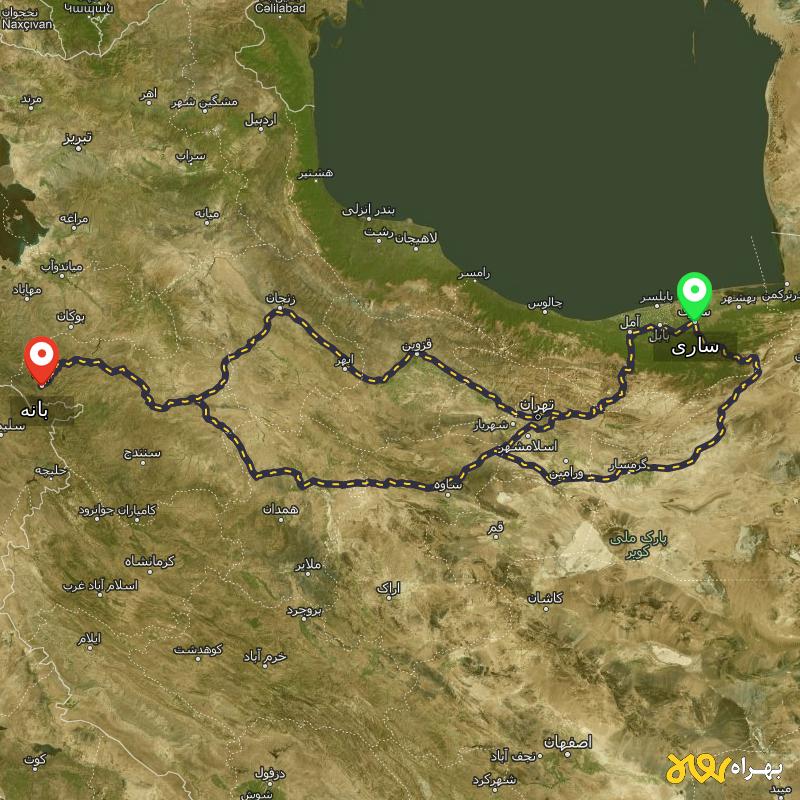 مسافت و فاصله بانه - کردستان تا ساری از ۳ مسیر - اردیبهشت ۱۴۰۳