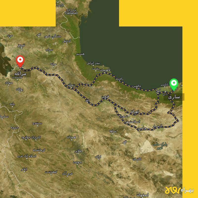 مسافت و فاصله مراغه - آذربایجان شرقی تا ساری از ۳ مسیر - اردیبهشت ۱۴۰۳