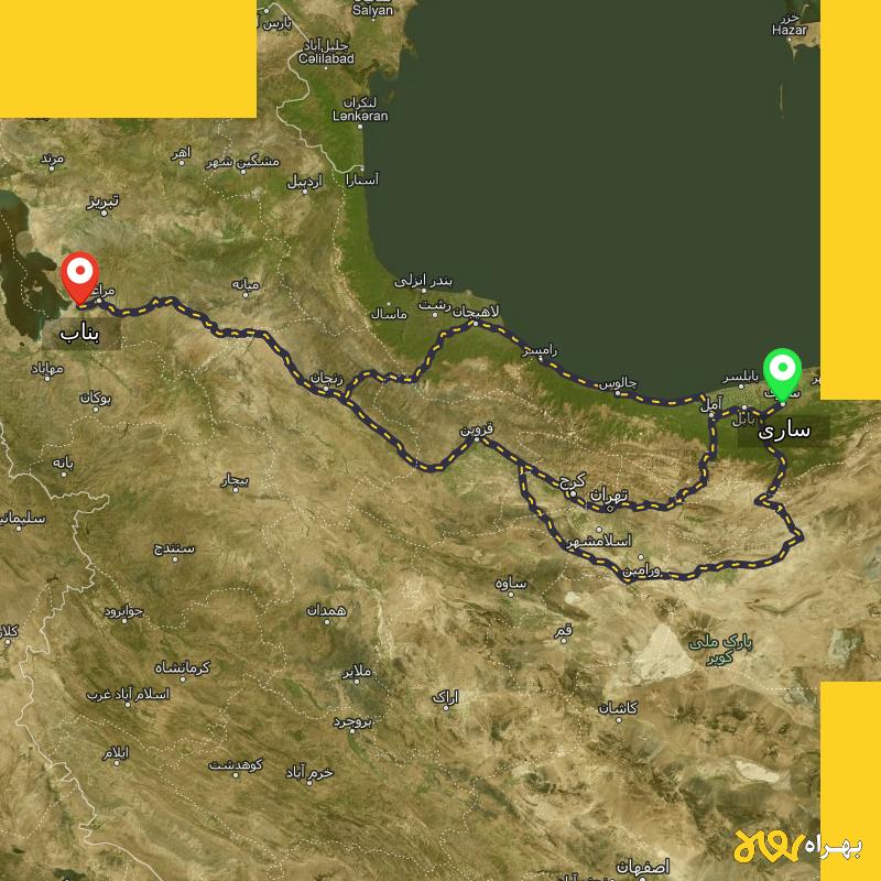 مسافت و فاصله بناب - آذربایجان شرقی تا ساری از ۳ مسیر - مهر ۱۴۰۳